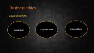 Business ethics
Level of ethics
Macro level Corporate level Individual level
 