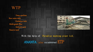 WTP
Deep machine
Raw water tank
Oxidation tank
Multi-grade filter
Softener tank
Reserve tank
With the help of Paradise washing plant Ltd.
ANANTA also established ETP
 
