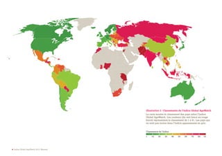 4 Indice Global AgeWatch 2013: Résumé
Illustration 3 : Classements de l’indice Global AgeWatch
La carte montre le classement des pays selon l’indice
Global AgeWatch. Les couleurs (du vert foncé au rouge
foncé) représentent le classement de 1 à 91. Les pays qui
ne sont pas inclus dans l’indice apparaissent en gris.
Classements de l'indice
1 918070605040302010
 