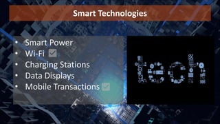 Smart Technologies
• Smart Power
• Wi-Fi
• Charging Stations
• Data Displays
• Mobile Transactions
 