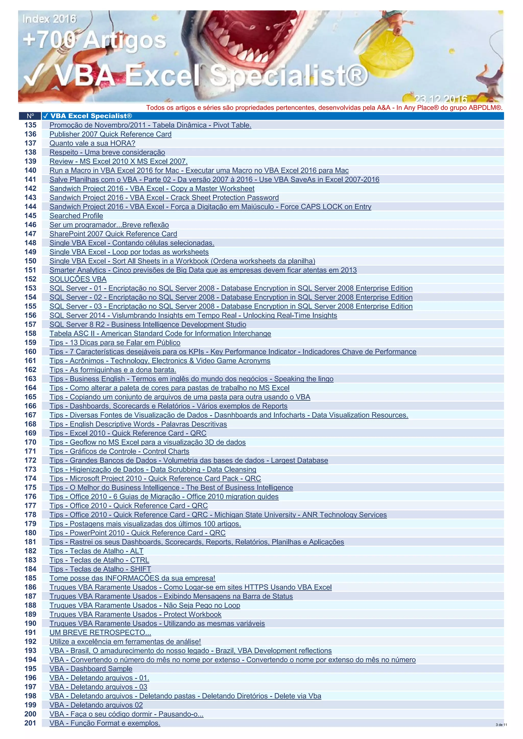 Nº ✔ VBA Excel Specialist®
Todos os artigos e séries são propriedades pertencentes, desenvolvidas pela A&A - In Any Place® do grupo ABPDLM®.
135 Promoção de Novembro/2011 - Tabela Dinâmica - Pivot Table.
136 Publisher 2007 Quick Reference Card
137 Quanto vale a sua HORA?
138 Respeito - Uma breve consideração
139 Review - MS Excel 2010 X MS Excel 2007.
140 Run a Macro in VBA Excel 2016 for Mac - Executar uma Macro no VBA Excel 2016 para Mac
141 Salve Planilhas com o VBA - Parte 02 - Da versão 2007 à 2016 - Use VBA SaveAs in Excel 2007-2016
142 Sandwich Project 2016 - VBA Excel - Copy a Master Worksheet
143 Sandwich Project 2016 - VBA Excel - Crack Sheet Protection Password
144 Sandwich Project 2016 - VBA Excel - Força a Digitação em Maiúsculo - Force CAPS LOCK on Entry
145 Searched Profile
146 Ser um programador...Breve reflexão
147 SharePoint 2007 Quick Reference Card
148 Single VBA Excel - Contando células selecionadas.
149 Single VBA Excel - Loop por todas as worksheets
150 Single VBA Excel - Sort All Sheets in a Workbook (Ordena worksheets da planilha)
151 Smarter Analytics - Cinco previsões de Big Data que as empresas devem ficar atentas em 2013
152 SOLUÇÕES VBA
153 SQL Server - 01 - Encriptação no SQL Server 2008 - Database Encryption in SQL Server 2008 Enterprise Edition
154 SQL Server - 02 - Encriptação no SQL Server 2008 - Database Encryption in SQL Server 2008 Enterprise Edition
155 SQL Server - 03 - Encriptação no SQL Server 2008 - Database Encryption in SQL Server 2008 Enterprise Edition
156 SQL Server 2014 - Vislumbrando Insights em Tempo Real - Unlocking Real-Time Insights
157 SQL Server 8 R2 - Business Intelligence Development Studio
158 Tabela ASC II - American Standard Code for Information Interchange
159 Tips - 13 Dicas para se Falar em Público
160 Tips - 7 Características desejáveis para os KPIs - Key Performance Indicator - Indicadores Chave de Performance
161 Tips - Acrônimos - Technology, Electronics & Video Game Acronyms
162 Tips - As formiguinhas e a dona barata.
163 Tips - Business English - Termos em inglês do mundo dos negócios - Speaking the lingo
164 Tips - Como alterar a paleta de cores para pastas de trabalho no MS Excel
165 Tips - Copiando um conjunto de arquivos de uma pasta para outra usando o VBA
166 Tips - Dashboards, Scorecards e Relatórios - Vários exemplos de Reports
167 Tips - Diversas Fontes de Visualização de Dados - Dasnhboards and Infocharts - Data Visualization Resources.
168 Tips - English Descriptive Words - Palavras Descritivas
169 Tips - Excel 2010 - Quick Reference Card - QRC
170 Tips - Geoflow no MS Excel para a visualização 3D de dados
171 Tips - Gráficos de Controle - Control Charts
172 Tips - Grandes Bancos de Dados - Volumetria das bases de dados - Largest Database
173 Tips - Higienização de Dados - Data Scrubbing - Data Cleansing
174 Tips - Microsoft Project 2010 - Quick Reference Card Pack - QRC
175 Tips - O Melhor do Business Intelligence - The Best of Business Intelligence
176 Tips - Office 2010 - 6 Guias de Migração - Office 2010 migration guides
177 Tips - Office 2010 - Quick Reference Card - QRC
178 Tips - Office 2010 - Quick Reference Card - QRC - Michigan State University - ANR Technology Services
179 Tips - Postagens mais visualizadas dos últimos 100 artigos.
180 Tips - PowerPoint 2010 - Quick Reference Card - QRC
181 Tips - Rastrei os seus Dashboards, Scorecards, Reports, Relatórios, Planilhas e Aplicações
182 Tips - Teclas de Atalho - ALT
183 Tips - Teclas de Atalho - CTRL
184 Tips - Teclas de Atalho - SHIFT
185 Tome posse das INFORMAÇÕES da sua empresa!
186 Truques VBA Raramente Usados - Como Logar-se em sites HTTPS Usando VBA Excel
187 Truques VBA Raramente Usados - Exibindo Mensagens na Barra de Status
188 Truques VBA Raramente Usados - Não Seja Pego no Loop
189 Truques VBA Raramente Usados - Protect Workbook
190 Truques VBA Raramente Usados - Utilizando as mesmas variáveis
191 UM BREVE RETROSPECTO...
192 Utilize a excelência em ferramentas de análise!
193 VBA - Brasil, O amadurecimento do nosso legado - Brazil, VBA Development reflections
194 VBA - Convertendo o número do mês no nome por extenso - Convertendo o nome por extenso do mês no número
195 VBA - Dashboard Sample
196 VBA - Deletando arquivos - 01.
197 VBA - Deletando arquivos - 03
198 VBA - Deletando arquivos - Deletando pastas - Deletando Diretórios - Delete via Vba
199 VBA - Deletando arquivos 02
200 VBA - Faça o seu código dormir - Pausando-o...
201 VBA - Função Format e exemplos. 3 de 11
 