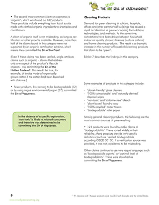 TM




 • The second most common claim on cosmetics is                        Cleaning Products
 ‘organic’, which was found on 139 products.
 These products include everything from facial scrubs                  Demand for green cleaning in schools, hospitals,
 made with certified organic ingredients to shampoos and               offices and other commercial buildings has caused a
 conditioners.                                                         rapid acceleration in greener cleaning formulations,
                                                                       technologies, and methods. At the same time,
 A claim of organic itself is not misleading, as long as cer-          connections have been drawn between household
 tification or other proof is available. However, more than            indoor air quality, chronic illnesses (such as asthma)
 half of the claims found in this category were not                    and home cleaning products. The result is a dramatic
 supported by an organic certification scheme, which                   increase in the number of household cleaning products
 means they committed the Sin of No Proof.                             that claim to be ‘green’.

 (Even if these claims had been verified, single-attribute             Exhibit 7 describes the findings in this category.
 claims such as organic – claims that address
 only one aspect of the product’s lifecycle
 impacts - risk committing the Sin of the
 Hidden Trade-off. This would be true, for
 example, of swabs made of organically-
 grown cotton if the cotton had been bleached
 with chlorine.)
                                                                       Some examples of products in this category include:
 • Fewer products, by claiming to be biodegradable (72)
 or by using vague environmental jargon (57), committed                -	 ‘planet-friendly’ glass cleaners
 the Sin of Vagueness.                                                 -	 ‘100% compostable’ and ‘naturally-derived’
                                                                          disposal wipes
                                                                       -	 ‘non-toxic’ and ‘chlorine-free’ bleach
                                                                       -	 ‘plant-based’ laundry soap
                                                                       -	 ‘100% recycled’ paper towels
                                                                       -	 ‘biodegradable’ toilet paper

        In the absence of a specific explanation,                      Among general cleaning products, the following are the
        ‘non-toxic’ is likely to mislead consumers                     most common sources of greenwashing:
        and therefore was determined to be
        committing the Sin of Vagueness.
                                                                       • 124 products were found to make claims of
                                                                       ‘biodegradability’. These varied widely in their
                                                                       reliability. Many products provide very specific
                                                                       definitions (such as ‘verified biodegradable
                                                                       according OECD 301D’). If a verification source was
                                                                       provided, it was not considered to be misleading.

                                                                       Other claims continue to use very vague language, such
                                                                       as ‘biodegradable agents’, or ‘optimal level of
                                                                       biodegradability’. These were classified as
                                                                       committing the Sin of Vagueness.




                                                       7
                                                            91 cleaners and 14 paper products were found in both Canada and the United States.
www.sinsofgreenwashing.org
 