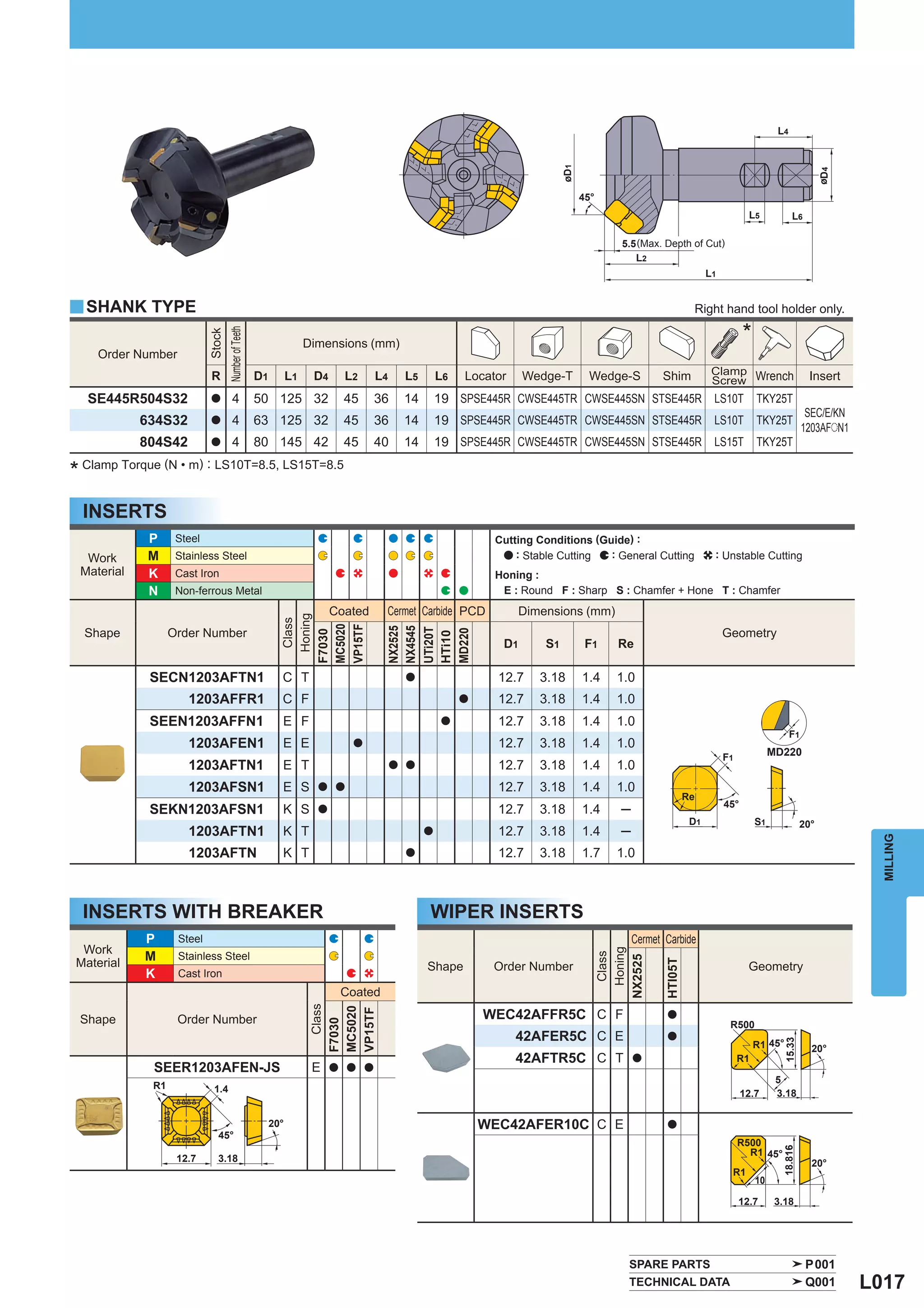 L4




                                                                                                                           øD1




                                                                                                                                                                                                          øD4
                                                                                                                                 45°
                                                                                                                                                                                L5             L6

                                                                                                                                          5.5 (Max. Depth of Cut)
                                                                                                                                             L2
                                                                                                                                                                    L1


y SHANK TYPE                                                                                                                                                   Right hand tool holder only.

                                                                                                                                                                               *
                                   Number of Teeth
                           Stock




                                                                     Dimensions (mm)
    Order Number
                           R                         D1         L1    D4     L2     L4    L5       L6   Locator    Wedge-T        Wedge-S           Shim             Clamp Wrench                    Insert
                                                                                                                                                                     Screw
   SE445R504S32            a          4              50 125 32               45     36    14       19 SPSE445R CWSE445TR CWSE445SN STSE445R LS10T TKY25T
                                                                                                                                                                                                     SEC/E/KN
            634S32         a          4              63 125 32               45     36    14       19 SPSE445R CWSE445TR CWSE445SN STSE445R LS10T TKY25T
                                                                                                                                                                                                    1203AFoN1
            804S42         a          4              80 145 42               45     40    14       19 SPSE445R CWSE445TR CWSE445SN STSE445R LS15T TKY25T

* Clamp Torque (N • m) : LS10T=8.5, LS15T=8.5
  INSERTS
             P     Steel                                                                                     Cutting Conditions (Guide) :
  Work       M     Stainless Steel                                                                               : Stable Cutting  : General Cutting                 : Unstable Cutting
 Material    K     Cast Iron                                                                                 Honing :
             N     Non-ferrous Metal                                                                          E : Round F : Sharp S : Chamfer + Hone T : Chamfer
                                                                           Coated    Cermet Carbide PCD           Dimensions (mm)
                                                              Honing
                                                              Class



                                                            MC5020
                                                            VP15TF

                                                                                     NX2525
                                                                                     NX4545




  Shape           Order Number                                                                                                                                           Geometry
                                                                                     UTi20T

                                                                                     MD220
                                                            F7030




                                                                                     HTi10




                                                                                                              D1      S1          F1      Re

             SECN1203AFTN1                                  C T                           a                   12.7   3.18        1.4      1.0
                     1203AFFR1                              C F                                         a     12.7   3.18        1.4      1.0
             SEEN1203AFFN1                                  E F                                     a         12.7   3.18        1.4      1.0
                                                                                                                                                                                              F1
                     1203AFEN1                              E E               a                               12.7   3.18        1.4      1.0
                                                                                                                                                                         F1
                                                                                                                                                                                        MD220
                     1203AFTN1                              E T                          a a                  12.7   3.18        1.4      1.0
                     1203AFSN1                              E S        a a                                    12.7   3.18        1.4      1.0
                                                                                                                                                              Re
                                                                                                                                                                         45°
             SEKN1203AFSN1                                  K S        a                                      12.7   3.18        1.4      ─
                                                                                                                                                               D1                  S1               20°
                     1203AFTN1                              K T                                a              12.7   3.18        1.4      ─



                                                                                                                                                                                                                  MILLING
                     1203AFTN                               K T                           a                   12.7   3.18        1.7      1.0



  INSERTS WITH BREAKER                                                                         WIPER INSERTS
            P      Steel                                                                                                                      Cermet Carbide
  Work
                                                                                                                                        Honing




            M      Stainless Steel
                                                                                                                                         Class

                                                                                                                                       NX2525




 Material
                                                                                                                                                     HTI05T




                                                                                               Shape         Order Number                                                       Geometry
            K      Cast Iron
                                                                            Coated
                                                                        Class

                                                                      MC5020




                                                                                                            WEC42AFFR5C C F
                                                                      VP15TF




                                                                                                                                                     a
 Shape             Order Number
                                                                      F7030




                                                                                                                                                                          R500
                                                                                                                  42AFER5C C E                       a
                                                                                                                                                                                            15.33




                                                                                                                                                                                   R1 45°             20°
                                                                                                                  42AFTR5C C T                a                               R1
             SEER1203AFEN-JS                                          E    a a a
                                                                                                                                                                                         5
             R1             1.4                                                                                                                                                12.7      3.18

                                                          20°                                               WEC42AFER10C C E                         a
                              45°
                                                                                                                                                                              R500
                                                                                                                                                                                          18.816




                                                                                                                                                                                R1 45°
                   12.7       3.18                                                                                                                                                                    20°
                                                                                                                                                                          R1
                                                                                                                                                                                   10

                                                                                                                                                                              12.7       3.18




                                                                                                                                            SPARE PARTS                                              P001
                                                                                                                                            TECHNICAL DATA                                           Q001       L017
 