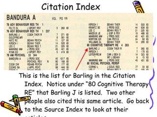 Citation Index This is the list for Barling in the Citation Index.  Notice under “80 Cognitive Therapy RE” that Barling J is listed.  Two other people also cited this same article.  Go back to the Source Index to look at their articles. 