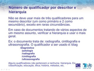 Número de qualificador por descritor e 
hierarquia 
Não se deve usar mais de três qualificadores para um 
mesmo descritor (um como primário e 2 como 
secundário), exceto em raras circunstâncias. 
Em caso de documentos tratando de vários aspectos de 
um mesmo assunto, verificar a hierarquia e usar o mais 
geral. 
Ex: o documento trata de: radiografia, cintilografia e 
ultrasonografia. O qualificador a ser usado é /diag 
/diagnóstico 
/patologia 
/radiografia 
/cintilografia 
/ultrasonografia 
Alguns qualificadores não pertencem a nenhuma hierarquia. Ex: 
/classificação, educação, ética; história, métodos, etc. 
 