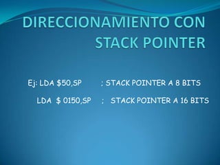 EL MOVER DE inmediato- Directo           Ej: MOV  #$30,$80EL MOVER DE Directo- Directo           Ej: MOV  $80, $903.     EL MOVER DE Directo- Indexado           Ej: MOV  $80, X+4.     EL MOVER DE  indexado- directo           Ej: MOV X+, $90