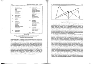 298 INDEXAÇÃO E RESUMOS: TEORIA E PRÂTICA I5. INDEXAÇÃO AUTOMÁTICA, REDAÇÃO AUTOMÁTICA DE RESUMOS 299
408
409
410
DISLOCAT10N
JUNCnON
ho-UNORITY-CARRIER
N·P·N
P-N-P
POINT-CONTACr
RECOMBINE
TRANSlT10N
UNIJUNCTION
BLAST-COOLED
HEAT-FLOW
HEAT·TRANSFER
ANNEAL
STRAIN
413 CAPACITANCE
IMPEDANCE-MATCHING
1l>.1PEDANCE
lNDUCTANCE
1...IUTUAL-IMPEDANCE
I.1UTUAL-INDUCTANCE
MUTUAL
NEGATIVE-RESISTANCE
POSITIVE-GAP
REACTANCE
RES/ST
SELF-1MPEDANCE
SELF-INDUCTANCE
SELF
x
A
y
citado com freqüência. O princípio do acoplamento bibliográfico pode, natural-
mente, ser utilizado para ligar documento's escritos em línguas completamente
diferentes; por exemplo, identificar trabalhos em russo e chinês que estejam
fortemente acoplados a um trabalho em língua inglesa. Igualmente, uma classe
de documentos co·citados incluiria itens em vários idiomas. Oque é mais impor-
tante, evidentemente, é que as classes formadas por co-citação sofrem mudanças
com o passar do tempo, pois novas inter-relações entre os resultados de pes-
quisas são verificaclaspor pesquisadores posteriores. Voltando à figura 108, os
autores de X e Yvêem alguma relação entre os itens A, B e C, mas esta relação
poderia ter passado despercebida durante muitos anos. A, B e C formam uma
classe de itens pela primeira vez em, digamos, 1989, porque foi em 1989 que
tanto X quanto Yforam publicados, porém A talvez tivesse sido publicado na
década de 1930, C na década de 1950 e B na década de 1970.
FIGURA 107
Exemplo de entradas de tesauro extraídas por métodos automáticos
Reproouçlo de Salto" e McGiH,!lJ/m,hl"'''''' lo mutimr illjiJl"'''lirJJl fl.'lric'vl. 1983.
COI1 pennis,,~o de lcGraw·Híll i'ubli,hing CompMlY
416 RELAY
m
411
412
COERCIVE
DEt-.1AGNETIZE
FLUX-LEAKAGE
HYSTERESIS
INDVCT
INSENSlTlVE
MAGNETORESISTANCE
SQUARE·LOOP
THRESHOLD
LONGITUDINAL
TRANSVERSE
414
415
ANTENNA
KLYSTRON
PULSES-PER-BEAM
RECEIVER
SIGNAL-TO-RECEIVER
TRANSMITTER
WAVEGUIDE
CRYOGENlC
CRYOTRON
PERSISTENT·CURRENT
SUPERCONDVCT
SUPER-CONDvcr
FIGURA 108
Ligações de citaçõeslreferências
Os estudos que compararam as classes formadas pela indexação conven-
cionai de assuntos com as formadas com base em ligações de citações remontam
a cerca de 40 anos (Kessler, 1965). Comparações posteriores incluem. Pao
(1988), Pao e Worthen (1989) e Shaw (l990b). Uma busca baseada em ligaçães
de citação (citação direta, acoplamento bibliográfico ou co·citação) poderá des-
cobrir itens úteis não encontrados por meio de buscas temáticas convencionais
em índices impressos ou bases de dados em linha, porém o método convencional
também pode localizar itens que as ligações de citações não conseguem revelar.
Os dois métodos são complementares e não concorrentes.
Kwok (l985a,b) menciona o fato de as ligações de referências/citações po-
derem ser utilizadas na recuperação de informação para formar uma 'coleção
ampliada' de itens recuperados. Quer dizer, quando se aplica uma estratégia de
busca a uma base de dados da forma normal, empregando palavras do texto ou
termos controlados, o conjunto de itens assim recuperados será ampliado com os
itens a eles ligados por meio de citações bibliográficas. Ele sugere que o con-
junto de termos associados aos itens originalmente recuperados seja ampliado
com o acréscimo de termos extraídos dos itens que eles citam. Estes novos
termos podem ser termos de indexação atribuídos aos itens citados, ou expres-
sões do texto extraídas dos resumos ou dos tíhllos. Ele sugere que a ampliação
mediante a extração de termos dos títulos dos itens citados é mais praticável.
Salton e Zhang (1986) testaram a utilidade de ampliar o conjunto de termos asso-
ciados aos itens recuperados mediante o acréscimo de palavras do título exh·ai·
das de itens 'bibliograficamente relacionados'. As palavras do título foram
extraídas de: a) itens citados pelos itens recuperados, b) itens que citavam os
itens recuperados, e c) itens co-citados. A conclusão deles é que, embora muitas
palavras de conteúdo 'útil' sejam extraídas dessa forma, também serão extraídos
muitos termos de utilidade duvidosa, e que o processo não é suficientemente
confiável parajustiftcar sua inclusão em sistemas de recuperação operacionais.
 