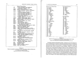 FIGURA 11
Parte de vocabulário especializado sobre computadores digitais utilizado pelo
v.s. Patent and Trademark Office
Reprodllzida com permi5>ão do V.S. PJlenl and Trademark Offke
Um lípico sistema de indexação em linha, conhecido como DCMS (Da1a Cre-
aliou and Mainteuance System), é utilizado pela National Library ofMedicine
para entrada de dados na base MEDLINE. O trabalho do indexador consiste em
preencher várias 'telas' no monitor. Ver, por exemplo, a figura 13, que mostra
uma leIa com a versão atual das etiquetas. Observe-se que o indexador ticou (,I)
as etiquetas que se aplicam a esse artigo do Ameriean Joul'nal ofHuman Gene-
fies, a saber, adult, middle age, aged, human, male, e {ema/e. Afigura 14 mostra
a tela seguinte com as etiquetas selecionadas pelo indexador. Vários descritores
(cabeçalhos de assuntos sozinhos ou com subcabeçalhos) foram selecionados
pelo indexador. O sistema ofer~cea possibilidade de enviar mensagens ao inde-
xador. Por exemplo, se for tlsada a etiqueta pregnancy, o DCMS informará auto-
45
«.=,.",,,,,,
m .... ~.o.,.,..,
«u,."..-~",
","'o~
..........."..,..,..,..,.-e-•
""'"N_«
""'=--.0,u,.~o «<..."""
"'''Do <""...,..,_"'-<.><"..,,, "-"e_
.....-.0'......,~,,~e<
.Err>~.....""'.,"'-"-'"O-.,..,
...-.....""'.m~e T<U''''';''
~:H _=.
~ij...Ecl~'.'.-O'
~:H ~~-;=:-
",.~" ..'"
~-';~~.....<;..o<;<'::"<-'L
od? ~"'o.~ 0.."=<dO """D-O
E~ ~~~r'""-~. ~< ..,.,.,'o~w<"
"-~. ~ <.~",.."
.."'04 h'''••~.''-._
"-"'Os ft •• ~~o
.,_ ..r«"""'.".......",-~7 C~.. ~ ~ _
:~~ ~:;..;~"'.,,~
~:~ ~~~.:.'."~:."'.~:~ ~-:::A~' ....<eft<>-.
co"," .'o-.<..~•
",.-oa .00""..",-0.""'","<>0
<0-0. ..0-0.'."<....."'...,.
H:~ ~~i~",.-t' ........"'~•
~i; :~~::..;'~........~ .......'"'...-,. "U'wo~,
•.•• ,..,w,,·.<,,"",
0;<-'8 ~,"'ou
~m ,,,.g~~.~<~
.=~.=-.,...
..""" ee'~.=.
.>,.COOO ... ~....~.
'O..M.'"~_'>'''o.'"
~,~=.,.'""""""""".
.....r"e<>·...
""""'.~.;.< "<...",
<>-""~-<-T v.~'"
••,...,.==TEC~"<>-<-<
.""'."'.,..." ", ""~~<c ~ ..
r~~;~·~:=~
"0'"''
"'0'"
••o-e_=~.= •..".....~-O'".~...T
~<".<-oo.,""'u~"
,".~...-."".
.=".,. M.
><=<-~ ~'''< ..<
FIGURA 12
Seção do microtesauro do Air Pollution Technical Informatioll Center
Apud rl1J/aiwlI iJoOl/lJw(lIliIJII {Tançredi & Nidl0ls (l96S))
Copyright 1965 John Wiley & Sons. Inc. ReproduzidJ com permissão de John 'ifey & Sons, Inc.
..=«.-.u~."""".
'""o"<>.e-,,
"',.~,.,' ""~
0.000 .
..""~.","
~".,.u
"'-~-""""
_'~~""O'
........,."... 'o'<ft
3. A PAATICA DA INDEXAÇÃOINDEXAÇÃO E RESUMOS: TEORIA E pRÁncA
SYSTEH ARCHITECTURE
.Plural prooe~~or~ with different
internal ~tructures (28/0)
,Shared memory (28/1)
,Virtual processor/maohlne (28/2)
•Plural (redundant) oentral processora
(28/3)
.Central processor combined with
terminal processor (28/~)
,Central processor combined with
interface processor (28/5)
•Central prooessor comblned with
QoprOCeS30r (28/6) •
•Hultlple lnstruction multI pIe data
(HIHD) (2817) •
•• Looscly ooupled MIHD (28/8) •
•• Tlghtly coupled MIHD (28/9) •
.Multiprocessor interoonneotlon (29/0)
• .Dlreot (29/1)
•• Parallel (common bus) (29/2)
• .loop (29/3)
•• Reconflgurable (29/q)
.. Tree structure (29/A) •
•• Other speclflc multiproce330r
interoonnection (29/5)
.Hultiproce330r/Proce330r control (30/0)
•• Priorlty 833ignment (30/1)
•• Interrupt handlios (30/2)
•• T83k w~~igil~ent (30/3)
• .Supervhory (m83ter/dave) (JO/ll)
•• Other 3pecific lDultlproce330r oontrol
(0/5)
•Other 3peclfic multlproce330r 3Y3tem
(0/6)
•Hini/Hicro/Per30nal computer (31/0)
•• Portable (31/1)
••• Hand-held/Carried on per30n (31/2)
••• Other portable oomputer (31/3)
•• Other 3peclfic minl/micro/personal
computer (J1/A) •
•Timeshared (31/q)
•• Perlpheral device3 (31/5)
•• Plural prograa3 (Hultlprogra~med)
(1/6)
•• Other specific timeahare (31/7)
.Pipelined (31/8)
•Parallel array/51ngle Instructlon
Hultiple Data (SlHD) (31/9)
.Orthogonal (32/0)
•Virtual 0211>
.Adaptive (32/2)
.Vector prooessor (32/A) •
.Data flow (32/S) •
44
228
228.1
228.2
228.3
228.'
228.5
228.6
228.7
228.8
228.9
229
229.1
229.2
229.3
229.'
229.'1
229.5
230
230.1
230.2
230.3
230.'
230.5
230.6
231
231. I
231.2
231.3
231. 31
231.'
231.5
231.6
231.7
231.8
231.9
232
232.1
232.2
232.21
232.22
 