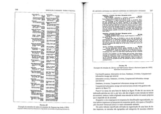 FIGURA 69
Ex~mplo de ent~ad~s do fndice de assuntos do Engineering /ndex (1993)
Cop)mght o 1993 by Engmtenng lnformatiolllnc. Reproduzido com permis5!o de Engilleering Infoffilation Inc.
FIGURA 70
Exemplo de entradas do LibrQJY ond Injormatioll Science Abstracts (antes de 1993)
Reproduzido com permi,sào do editor
167
Zii<"RaNaJI-CD-ROML o.lt lIouots. W~u-.MT'ricft..
~ Uf«U U/5.H'
Thc CD-ROM narhtpboe: .. proouoer's pcnpc,;tivt'. Chrütopller
PooIcy. WIJ,_ Lib"vy Bul/di". 62 (4) D« 87. 24-26.
COfllributioo to .. specid Ütl,lC devoled in part to CD-ROM. When
lu« dis.e le<bnolosy w.u /inl lnuoduçc;:l to Iiburiu. Iiburians roeoanis.ed
lhe J/ut pouibilities (Ir IM medium. espc<:il.lly iu van nouJc csp.o.c;IY·
Eumilt$ lbe- maj« dirrercnteS betwccn prinl, on·line 100 CD-ROM vusions
af IM: loame: dal.l N5c ....hkb fali in ) key aruJ: content, çurrcoçy Of updatc
frcquen<:y, and priein&. ()i~ CQlllptlition in lhe mukuplioe Ind cml';lIs,
iKS Ihu lhe fllUre fOor CD-ROM in libl';tfics i, uce.llenl ""li!> more prOOlçU.
more M;'" proolClI oNerina combinallonS of daUl bues. beuer soft"'are Ind
nelwOorkin, ')'$letrU IVlil.bk 10 $lirnlltte lhe ,ro..-in. w.c of CD-ROM pr<>-
ducu. (A.O.)
ZJjcR-m_CD-ROM... o..u ....-. lJII...-d.- Mniu:L
C...~t ....,. . Pa)'dJT IIjS;wo
}u..lif)'in, CD-ROM. Ralph Alberico. Sf/1llfl CO/ftpllurs I" LJh,lln'u. 1
(2) feb 31, 11-20.
CQn.lidcn dali WioC$ on CD-ROM in IUn'U or ÇOoIU .1><:1 benefiu. O)'
el.lrninina Pt.)'cUT, n ablxevialcd CD-ROM venÍCln of lhe. Ps)'c1NFO d.u
l:>I..l.e. Pt.ycLlT ""... one ar lhe fi"t CD-ROM dal.l baioC$ Ind is onl: or lhe
be:u .nd onc of Ib.c moJt upcruO'e. Compu"C$ lhe CD-ROM venion lO prinl
Ind OIl.llne PfOdlrn .nd strc:»cS Ih..ot lU Ibe nlmber or uJ.en Y0"- f'ÔOCS ..-iU
decn:ue. (P.D.)
z~vlk-co-amb.U_..s,-m. WafUl! U/SJ.41
Enluinl I/lÇt!..ll'!crcd territory: P'Jllin, CD-ROM in place. Nan!;)'
Cr-ane. Tam.ara Durieoll. ""1JOo'I lib,tu)' Bufldilf. 62 (.) ()cç n. 2g·)0. m1S.
Coatrib<.olOon te> • sJl'C'cil1 jsale <kv6Ied in pu! lO CD-ROM. Diocu..ues
oon»:knlioN I!lU n«d tO be r-au.od IxrQf'e implemenlilll en-d·1SCr CD-ROM
Ind orfe" $(IQe plopoulJ U lO l'IO.., so!lt;Q<U ma)' Ix f<>und. Theu includc:
a$.$oe$Sin, lhe ero'Citonment; d.oice of I CD·ROM s)'Uem: componenIJ nc.ed«l
in scllilll l.lp .. wo!"k.It.&liOfl; vcf'ld<)r s..:rviCÇ$; pla«menl; lJ.Cr conlllainlJ; luin·
in, (or $«rching; staliuiC$ aM on&o1nl a"","",menl; dfoclJ on ndf; Ind
dcsircd futlles or CO-ROM loCfYices. The rlli(lnale (or end'lur CD-ROM iI
pres.cntcd. (A.O.)
Cost benefit analysis, Information services, Databases, CD~ROMs, Computcrized
information storage and retrieval
Information services, Databases, CD-ROMs, Computerized information storage
and retrieval
Databases, CD-ROMs, Computerized information storage and retrieval
Computerized information storage and retricval (esta entrada mais genérica não
aparece na figura 71)
PsycLlT (o nome de uma base de dados) na figura 70 não foi um termo de
indexação genuíno no LISA e, por isso, não deu origem a uma entrada no índice
de assuntos, embora tenha originado uma entrada no índice de nomes próprios
que é separado do de assuntos.
Enquanto o LISA empregava um esquema de classificação especializada, ou-
tros índices impressos se baseavam em esquemas gerais, dos quais a Classifica-
ção Decimal Universal (CDU) é o mais comumente adotado.
No outro método classificado utilizado na organização de uma base de da-
dos impressa, as entradas são agrupadas sob categorias de assuntos relativa-
10. MElüDOS ADOTADOS HI SERViÇOS IMPRESSOS DE INDEXAÇÃO E RESUMOSINDEXAÇÃO E RESUMOS: TEORIA E PRÁTICA
166
 
