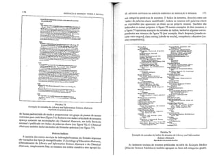 de forma padronizada de modo a proporcionar um grupo de pontos de acesso
coerentes para cada item (figura 75). Embora esse Indice articulado de assuntos
apareça somente nas acumulações do Chemical Abstracts, em cada fascículo
semanal é publicado um Indice de palavras-chave (ver figura 76). O Chemieal
Abstraets também inclui um índice de fórmulas quimicas (ver figura 77).
Outros índices
A maioria dos outros serviços de indexação/resumos em formato impresso
são variaçães dos tipos já exemplificados. O Soeiology ofEduealion Abstraets,
diferentemente do Librwy and Information Seienee Abstraets e do Chemical
Abstracts, simplesmente lista os reSlImos em ordem numérica sem agrupá-los
As inúmeras revistas de resumos publicadas na série da E1:celpta iVJedica
(Elsevier Science Publishers) também agrupam os itens sob categorias genéri-
U"iW~~~~~69-1~C<I'Ji')!iC<S- Ar,J-
Un'Htsil, hl>M<s - .1;1'"-'= C=d""
"»1,,,,'11 ·1"9~ 1>J~~' m>o!w.l,.
Ard,hu - N(w'p'p'''' I>h:rom",,"<:.
f'n«...>!iQ"' l>t>.tory m:>l"">l,, 6934
C>n><ll COIlIldI ot AHhhu:l>nll
C.lU<!I ~atlat.al IIIb.U,,"&rAl'''J: ltJW
Cu>cdllll_
UI"''''S"t6cripliC<ls
Willld••.,,>l.s
C.~~~buz<11~'.Iú'~n("it~ lIhrane. _Rc.l<'....c
..-oIl«tiol'U· libu0' m'le">!>' 6ó-I~
ç.td (alolotU~:1111.
Ctlml""iS9ll ,",Ih· Col'npOl<fUl"J ,-,':ll"~"",,
"n
R<uosp""'iw''''''·.l>'O<>· Tol ç,"rr"'<n,.-,J
c~;hlf"<" 7(}7~
CudilUlil1 r"lrkli<>ns
A",fki:ll j",cU,~(.........: 1.1~'1
C..«r.holu
I"("",,>!"," «OI"'~ l>I'oc:uy m:l1r>~cn"nl
"114
L''ol)"l~lr:MYl
C.r«r dn<loplII.nl
S,.U - H">in"" ''''">1<'''''.1 C"'"r"'"
~í'i'li<>l;''''':1U2
1.."·'::I;;:~:"1'lIr-<"'P"''-'
(.·..ibbc..
ArrJ. L>I,n Am.na. R<~I"",I'~"f"':>l',,,,.
ArrJ -ln~<m>!;",>1 ~"''l'''',:u ...n-
fnf'...n>!'<>lI ...."n· f>'JX4
c."l"'lõlIfolll- L,l>n,unwl" t>1~y
C.-IUS11W
CAIU.tlnC' : 11'j~
t.·.rp.tll~nJl )l>dto"'c
O..,vlU!t.""-I!'>:.llb -.nJ "MI" l,bn<)' 'l,H
M"(~ul1..Xt' Coll.,;., W...o....ln
(',oIl,,~.. 1,1v""",· AnJ· C..ll........ - ("'''''''''
,""''''''' - M«f<" S<lhn~ ~r f)lf'l;1
fil'nn,." .1,"':11,/ "<"Jl.~""",,,nl fl1tl.
(·I<to,;"ph.,
1<t .. f",
1>1>!"
l'"", l>....d ru."",i,,~
ArlJ· Ilvlc 1u....'Ü,.·J..,,~lJl~ . 1'"","k,I~",' N....-J
'y>JcUl,.H+l
(·.hl"Jl:ln...
,uC"'>!''l'a,"1'
(·.1l1o.itln.it.<>dn
'a(·;dol"~"Lnl',"I,...
·.I.l<'Jl:'
,,,(·;,!,h,,.........
(·.ld"~u"'l 7uQ
8usln,," nmu
In Comp)JI,u
lIusln_llfomutIM
1I'~~gWphi~,·~d~dl""~IJ. A''1~L'"''''''
Ct}.R()M,J>I>h",.,S, 11.'1-12.-'&
Cf)·R{)J.,k12JI
~':.~::,:.7t;;.fl:~to~ ...<>r'o: hW.
H,V. 1((hMlogy. C"'rT{'U'i(S .H,""J
:!;=;(~:'~~lt':l~~~u 1204ln""llth.l clo.ssi(;ul,oJl «t-.om<s_
Cl"";(;",,o<> s~l>(m<s-_ lU'H
O"h"" d>lob,><e<: ll'H·7201. nlh
Onhno: ,J,uh>.--a.· A"'-' _CD·llOM ,J",.h1>c<
1H4
8usln lntom..UOtI.
"<1'T' .., lu,,"
Ct~"f':IIH'"i"lclli~"(.....-.:
r''''''t''lr.,x
8...1n~ librasln: hHh
U""· 1Jl!<md - 11..."" ...,., in!,,,,,,,,,,...
C'~~I'U'(n'c,Jinfonn.>Hnt ,"",>ri< I>~~
Busi...,.'l;brarks
uT"I",
ç'~nl'''''Y hl>,>I>C'<
li"';"",. mUII.lnnl"': 1.~1I
C'~"í"'!(r'f'l'IK>I"w. 1-"H.141.~
S"fl"-""'. C'»''f,ur IW"'(ry; 7l.W
"'~!o< ><U.-.J ,~'I>;~I'I - Iln~>N' '<Un,t<''''1H
n4~
1I...1no..< "..." •.tO"""l
Juo/f,,,
CI~"p.>nJ'"
a...loe-._ P'O<'e:>l' oppUuU"",
11"""",, 'lUl'"~""",,,r.l- (""ml"-"~' 'rl'h'->.!h'll'·
1."'.1
Busl I'."''''' ...·,"l(.lntt.;"t
'ull ""~''''"''nnt
(·ÀBAn·.~,...: 11'1~
{"Ali l<lllr"oll"".I: t>y~1. lU'1
(·.hk '<1•• i<IM:71M·1'.-.'
{"ohh.. lln"""U,
Nlp.·"•. U,,,w"'Y h~""'n .I.,,", ·,Tt'!>,l"'~·
l,h>l},,,n f>.lW>
,',ldelal Mtd.1, 1,'iA: l~n
(·,1.l"7 ""1....11,. Alh<<t.
(":uI.,J. _trn,wI'lly h~nnc>' A,...",,''',''''
A"~· W,IM"..-,k "'lIK
C.moml,
Cl">kl'...b, AnJ II,,,J "UI" l.tIo'"!)
","'«uI,""'"
1. 1.~~
I)'f, ",;>lhl'" (.,~"",t~,J..,,11 1'1>"n1"1
11""1",,-1"'1 1H~
i-'uM"-l,hI"",... I'ul-h,' I'",,,· lnkrnt.1 11'J~
Pul-I" M-r",",,,, .lIda.-"..b Tuc, I'llJlJ,"~.
1.lhrll)-n"""t<t'",o' (,1'J1
FIGURA 74
Exemplo de entradas do índice de assuntos do Librmy and lnjormation
Scfellce Abstracts
Reproduzido com permissão do edilor
10. MÉTODOS ADOTADOS EM SERViÇOS IMPRESSOS DE INDEXAÇÃO E RESUMOS 171
sob categorias genéricas de assuntos. O índice de assuntos, descrito como um
'índice de palavras-chave modificado', indexa os resumos sob palavras-chave
ou expressões que aparecem no titulo ou no próprio resumo. Também são
indexados os nomes próprios. A figura 78 mostra exemplos de dois resumos, e
a figura 79 apresenta exemplo de entradas de índice, inclusive algumas corres-
pondentes aos restlmos da figura 78 (por exemplo, black dropouts [ev~são es-
colar entre negros], c1ass cutting [cábula na escola], compulsory educatlOn [en-
sino compulsórioJ).
INDEXAÇAo E RESUNtOS: TEORIA E PRÁTICA
7'1,7
Th~ f~.r.tJJ.li"n ..( ,"ondJI'·"n.1 ~«-._~, ("r dijr;il:tl ftl..hi, fi
;;~~~:~-:~.:~1",,".!.:Ju 1,,/f,"', r"""",,,,,, "(,,,., fLUI. ~ 121' l'I'J7.
FIGURA 73
Exemplo de entradas do LibrG/Y Glld Information Science Abstracts
Reproduzido com permissão do editor
170
 