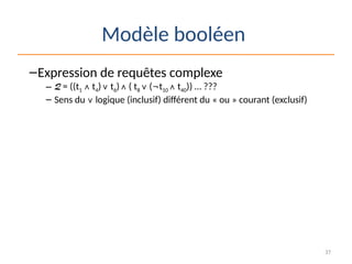 37
Modèle booléen
–Expression de requêtes complexe
– Q = ((t1  t4) t6) ( t8  (t10  t40)) … ???
– Sens du  logique (inclusif) différent du « ou » courant (exclusif)
 