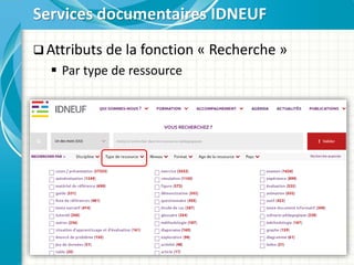  Attributs de la fonction « Recherche »
 Par type de ressource
Services documentaires IDNEUF
 