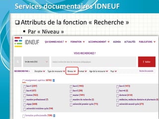  Attributs de la fonction « Recherche »
 Par « Niveau »
 Par Niveau :
Services documentaires IDNEUF
 