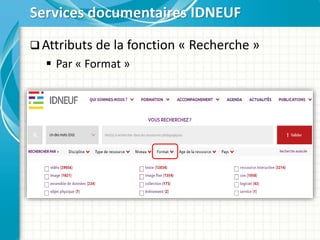  Attributs de la fonction « Recherche »
 Par « Format »
Services documentaires IDNEUF
 