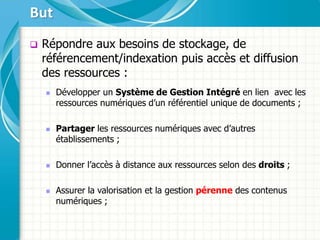  Répondre aux besoins de stockage, de
référencement/indexation puis accès et diffusion
des ressources :
 Développer un Système de Gestion Intégré en lien avec les
ressources numériques d’un référentiel unique de documents ;
 Partager les ressources numériques avec d’autres
établissements ;
 Donner l’accès à distance aux ressources selon des droits ;
 Assurer la valorisation et la gestion pérenne des contenus
numériques ;
But
 