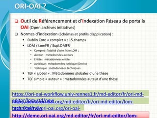  Outil de Référencement et d’Indexation Réseau de portails
OAI (Open archives initiatives)
 Normes d’indexation (Schémas et profils d’application) :
 Dublin Core « complet » : 15 champs
 LOM / LomFR / SupLOMFR
• Complet : Totalité d'une fiche LOM ;
• Auteur : métadonnées auteurs
• Entité : métadonnées entité
• Juridique : métadonnées juridique (Droits)
• Technique : métadonnées techniques
 TEF « global » : Métadonnées globales d’une thèse
 TEF simple « auteur » : métadonnées auteur d’une thèse
ORI-OAI ?
http://testv2.ori-oai.org/ori-oai-
md-editor/
http://demo.ori-oai.org/md-editor/fr/ori-md-editor/lom-
technical/new
https://ori-oai-workflow.univ-rennes1.fr/md-editor/fr/ori-md-
editor/lom-std/new
http://demo.ori-oai.org/md-editor/fr/ori-md-editor/lom-
 