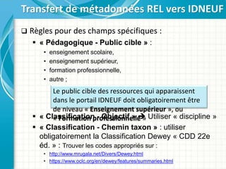  Règles pour des champs spécifiques :
 « Pédagogique - Public cible » :
• enseignement scolaire,
• enseignement supérieur,
• formation professionnelle,
• autre ;
 « Classification - Objectif »  Utiliser « discipline »
 « Classification - Chemin taxon » : utiliser
obligatoirement la Classification Dewey « CDD 22e
éd. » : Trouver les codes appropriés sur :
• http://www.mrugala.net/Divers/Dewey.html
• https://www.oclc.org/en/dewey/features/summaries.html
Transfert de métadonnées REL vers IDNEUF
Le public cible des ressources qui apparaissent
dans le portail IDNEUF doit obligatoirement être
de niveau « Enseignement supérieur », ou
« Formation professionnelle »
 
