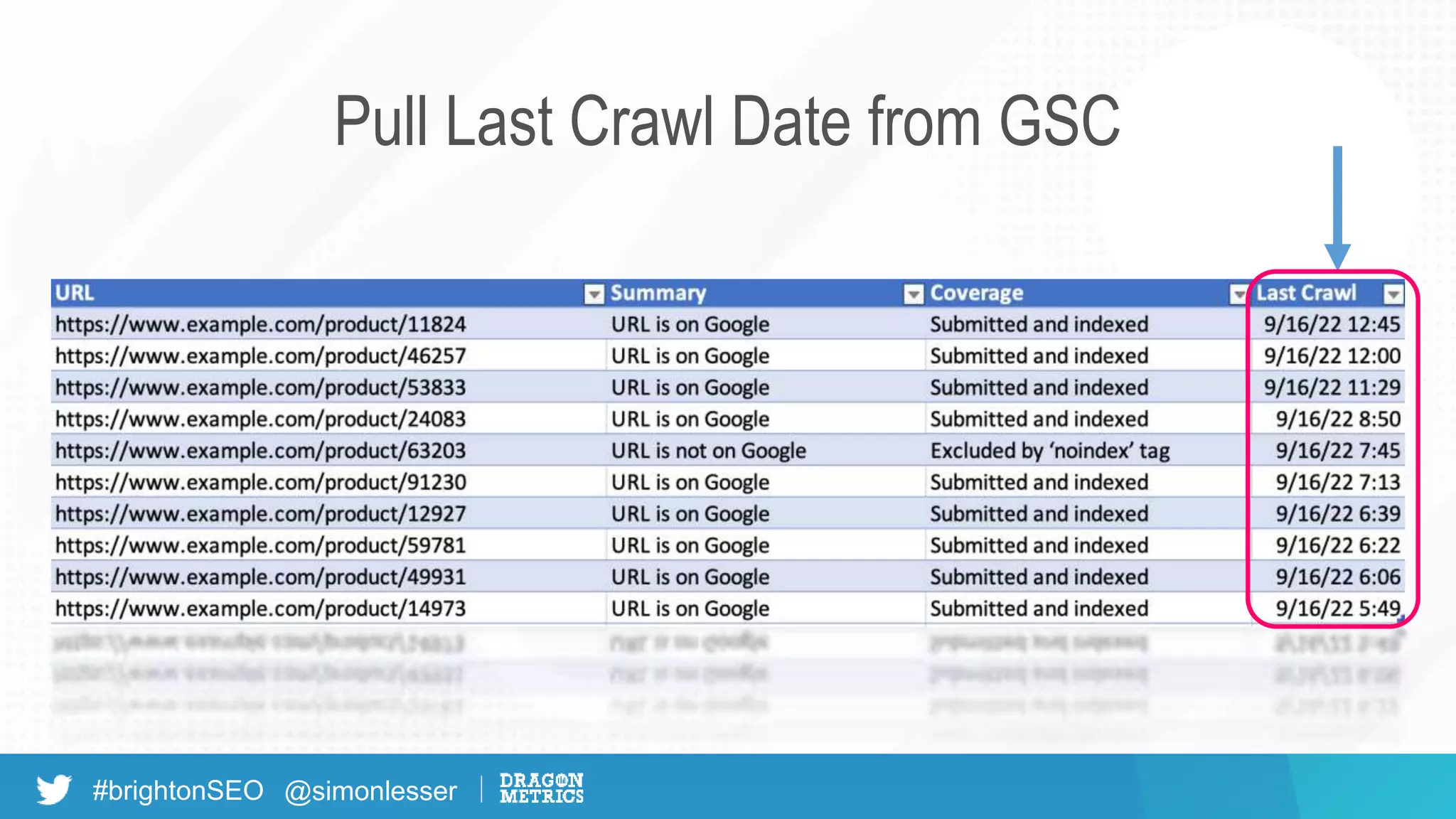 #brightonSEO @simonlesser
Pull Last Crawl Date from GSC
 