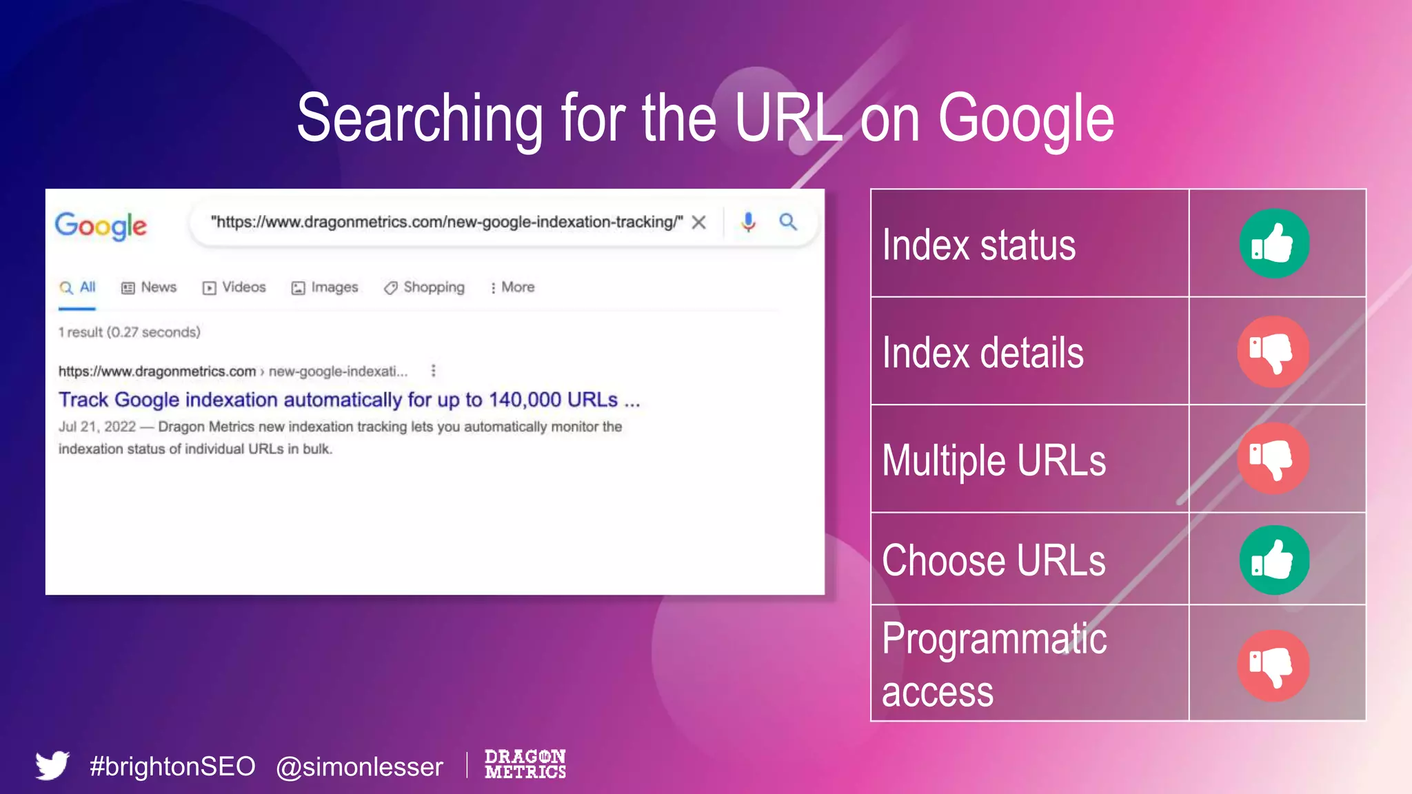 #brightonSEO @simonlesser
Searching for the URL on Google
Index status
Index details
Multiple URLs
Choose URLs
Programmatic
access
 