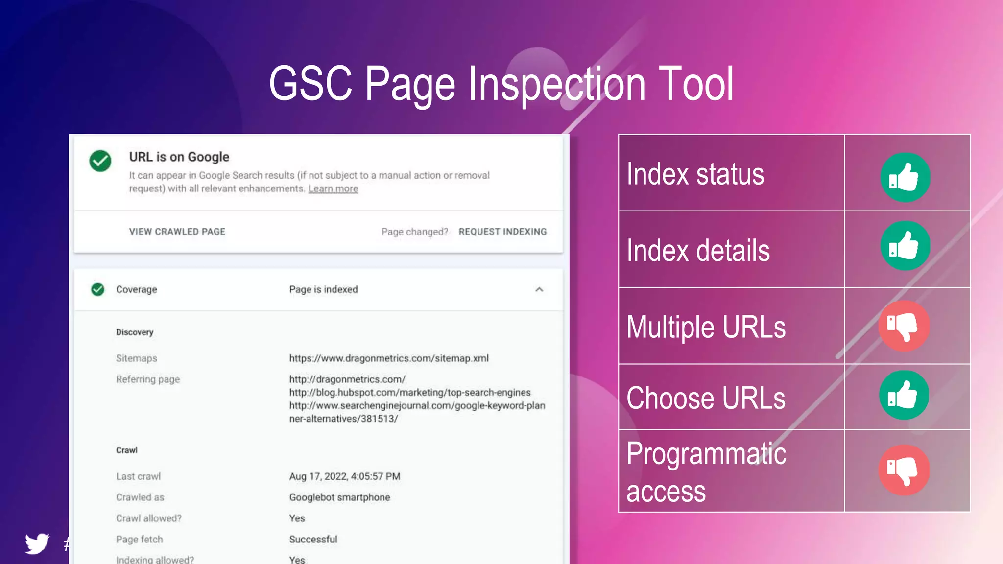 #brightonSEO @simonlesser
GSC Page Inspection Tool
Index status
Index details
Multiple URLs
Choose URLs
Programmatic
access
 