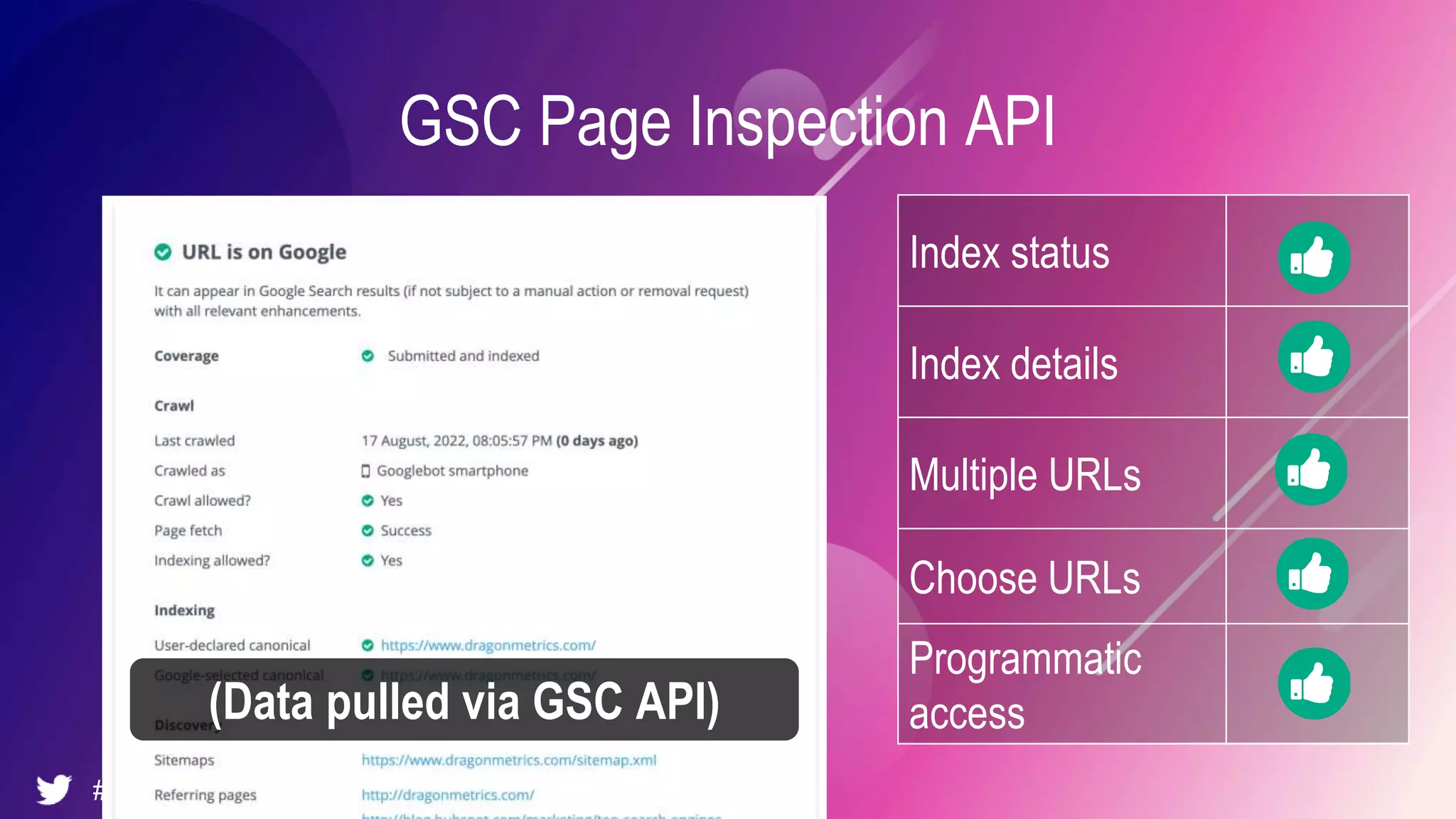 #brightonSEO @simonlesser
GSC Page Inspection API
Index status
Index details
Multiple URLs
Choose URLs
Programmatic
access
(Data pulled via GSC API)
 