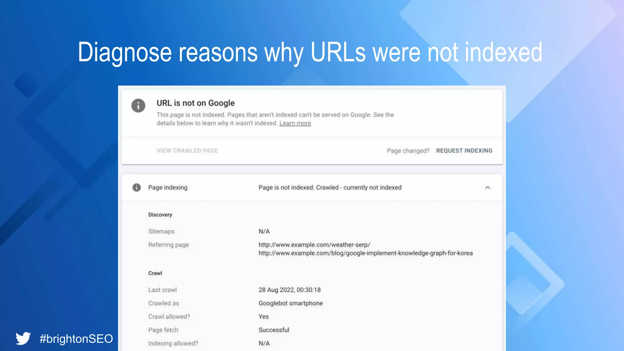 #brightonSEO @simonlesser
Diagnose reasons why URLs were not indexed
 