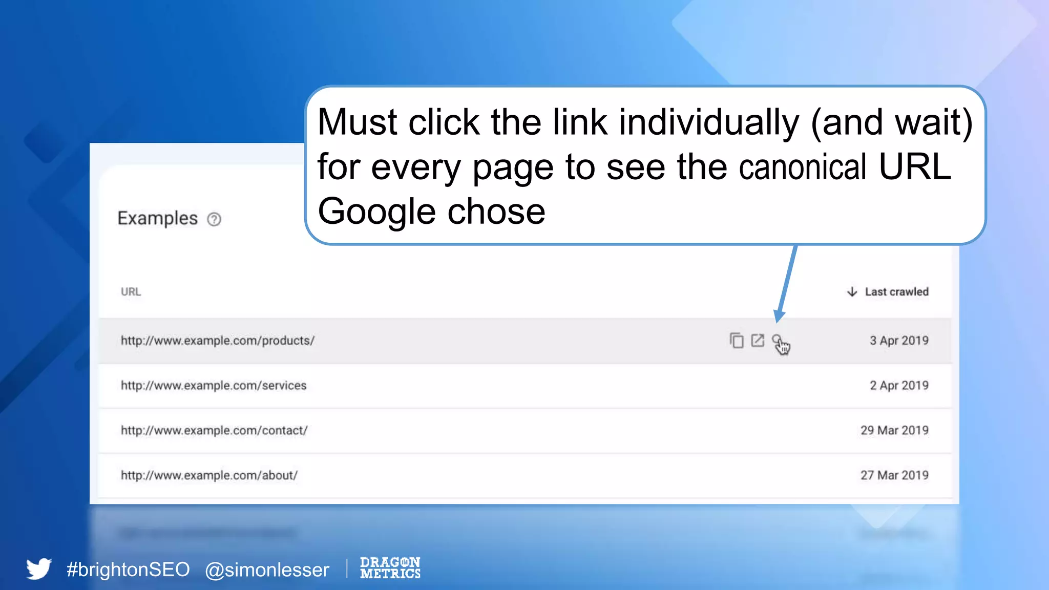 #brightonSEO @simonlesser
Must click the link individually (and wait)
for every page to see the canonical URL
Google chose
 