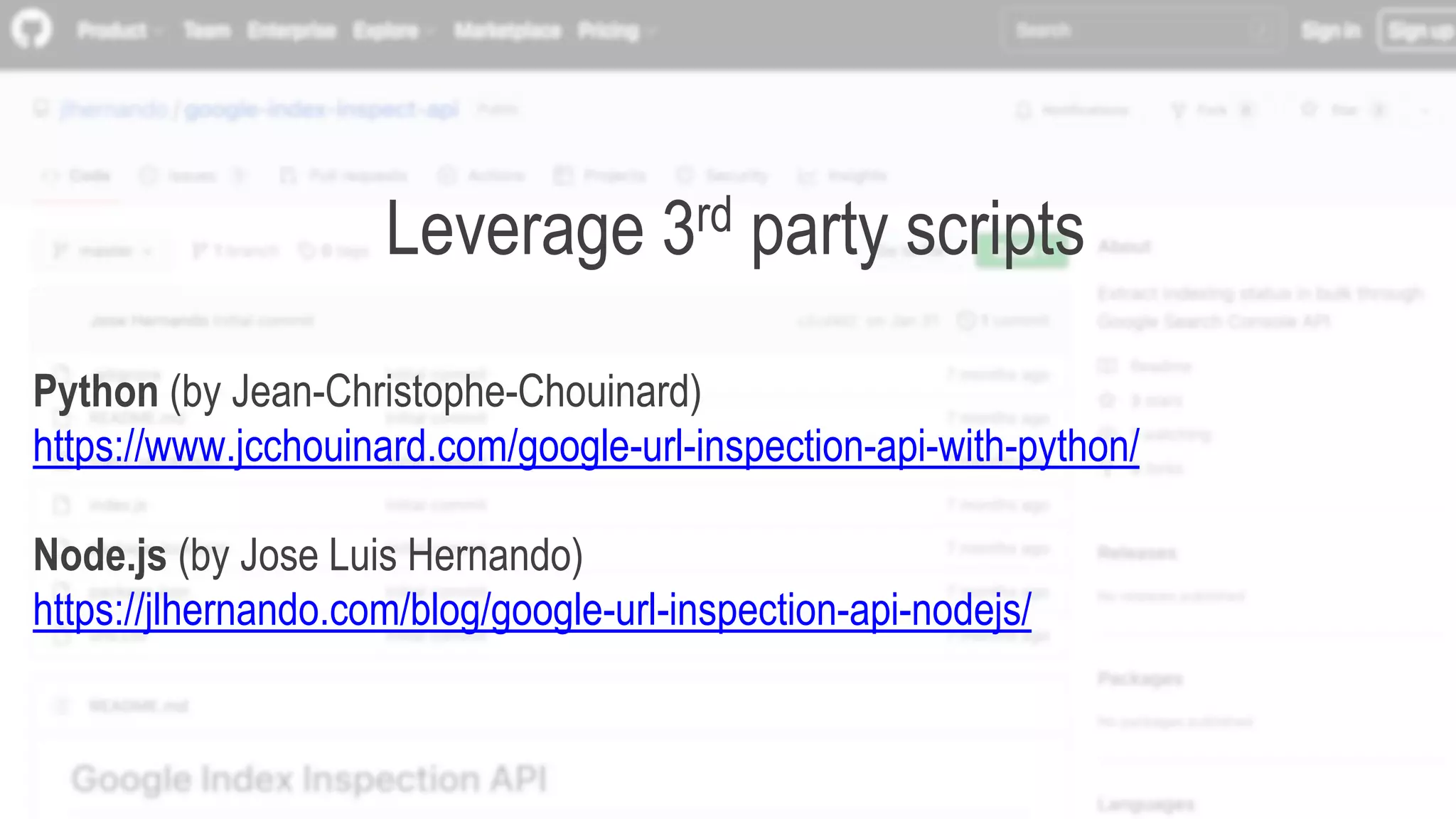 #brightonSEO @simonlesser
Leverage 3rd party scripts
Python (by Jean-Christophe-Chouinard)
https://www.jcchouinard.com/google-url-inspection-api-with-python/
Node.js (by Jose Luis Hernando)
https://jlhernando.com/blog/google-url-inspection-api-nodejs/
 