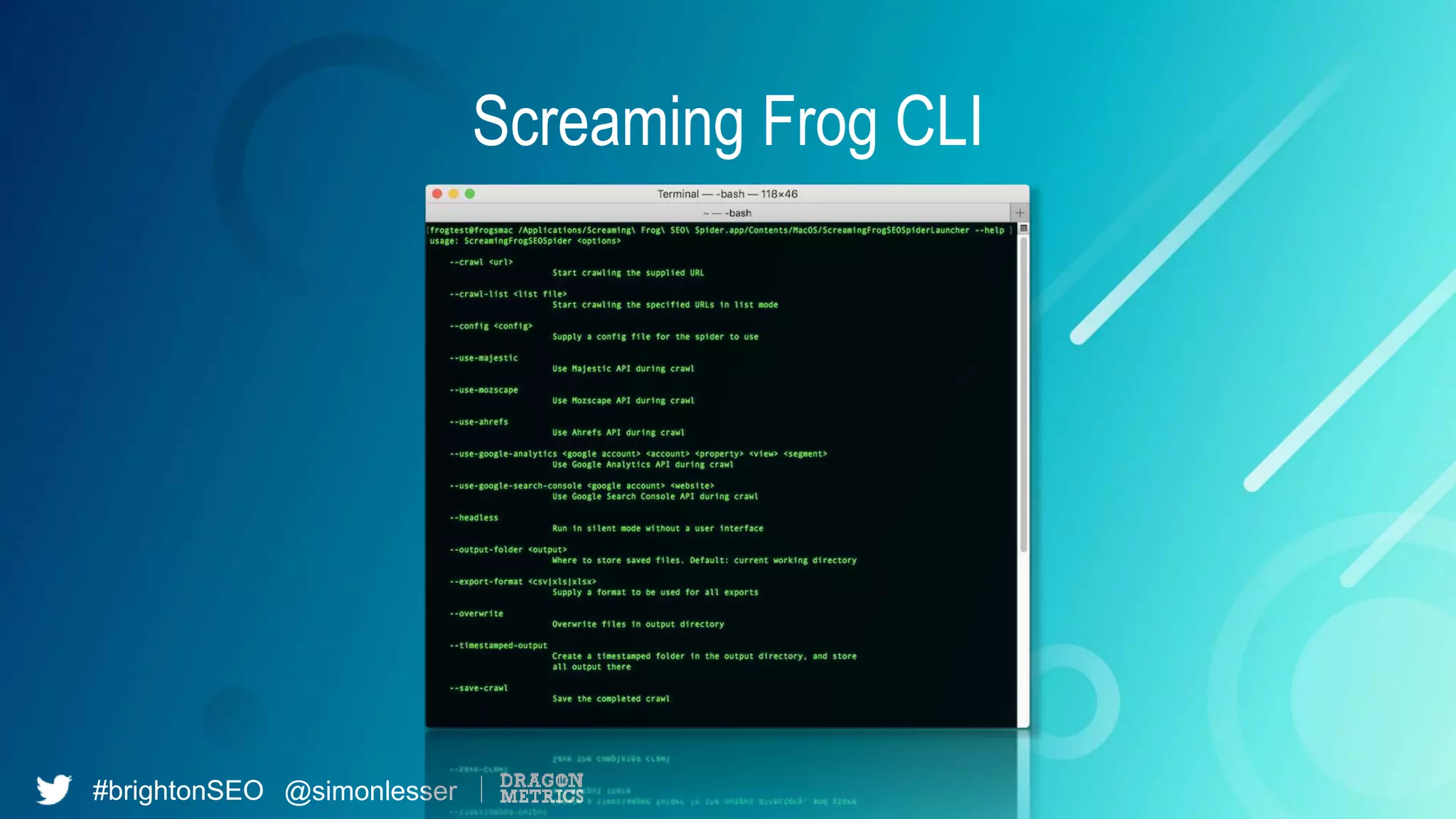 #brightonSEO @simonlesser
Screaming Frog CLI
 