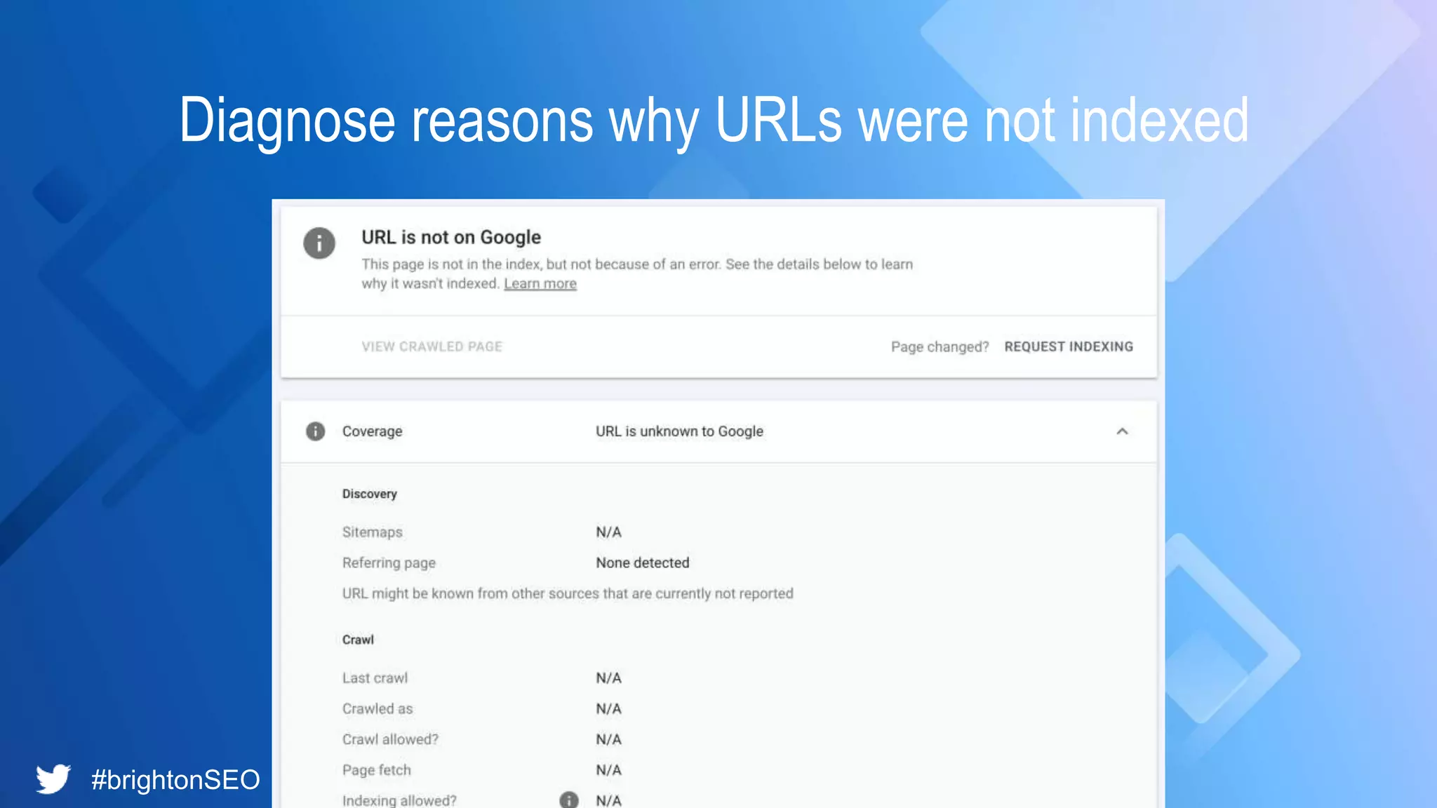 #brightonSEO @simonlesser
Diagnose reasons why URLs were not indexed
 
