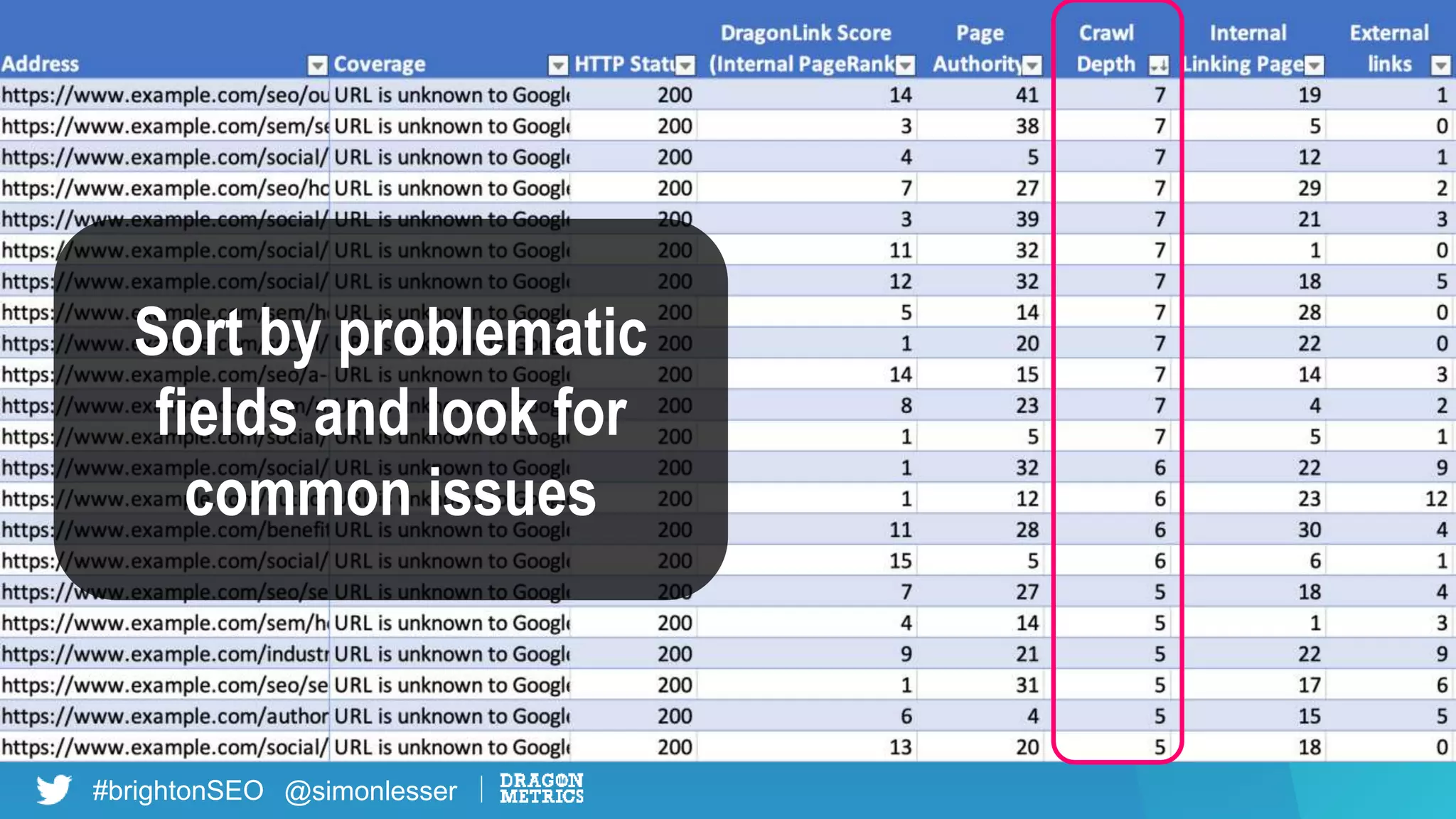 #brightonSEO @simonlesser
Sort by problematic
fields and look for
common issues
 