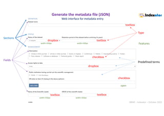 INRAE - Indexator – October 2022
Sections
Predefined terms
…
Web interface for metadata entry
Fields
width=350px width=350px
width=350px width=500px
open
textbox
dropbox textbox
checkbox
dropbox
textbox textbox
checkbox
Generate the metadata file (JSON)
Features
Type
 