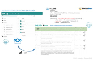 INRAE - Indexator – October 2022
scan
[ncloud]
type = webdav
url = https://nextcloud.inrae.fr/remote.php/webdav/
vendor = nextcloud
user = XXXXX
Pass = XXXXX
rclone mount ncloud:MTH2-PF-Bordeaux/DATA/ /mnt/ncloud/ 
--allow-other --vfs-cache-mode minimal 
--read-only --no-checksum --no-modtime 
--daemon --daemon-wait 15s
https://pmb-bordeaux.fr/ncloud/search
https://nextcloud.inrae.fr/apps/files/?dir=/MTH2-PF-Bordeaux/DATA
 