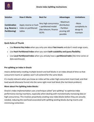 Oracle index Splitting mechanisms
Solution How it Works Best For Advantages Limitations
Combination
(e.g. Reverse +
Partitioning)
Apply reverse or hash
index on partitioned
tables
Very high concurrency
+ partitioned model
(like telecom, finance
OLTP)
- Maximum
distribution
- Partition
pruning still
possible
- More
complexity to
design &
maintain
Quick Rules of Thumb
• Use Reverse Key Index when you only care about fast inserts and don’t need range scans.
• Use Hash Partitioned Index when you want both scalability and query flexibility.
• Use Local Partitioned Index when you already have a partitioned table (like time-series or
data warehouse).
Pre-splitting an index in Oracle
means deliberately creating multiple branch and leaf blocks in an index ahead of time so that
concurrent inserts or updates won’t all contend for the same block.
It’s mostly relevant when you know an index will be under high concurrent insert load, and that
load would otherwise funnel into the same right-most leaf block (the hot block problem).
More about Pre-Splitting index blocks:
Oracle's index implementation uses a technique called "pre-splitting" to optimize index
performance during insertions, especially when dealing with monotonically increasing data or
high concurrency. This involves proactively creating new index blocks before they are actually
needed, reducing the overhead associated with splitting existing blocks during inserts and
minimizing contention.
 
