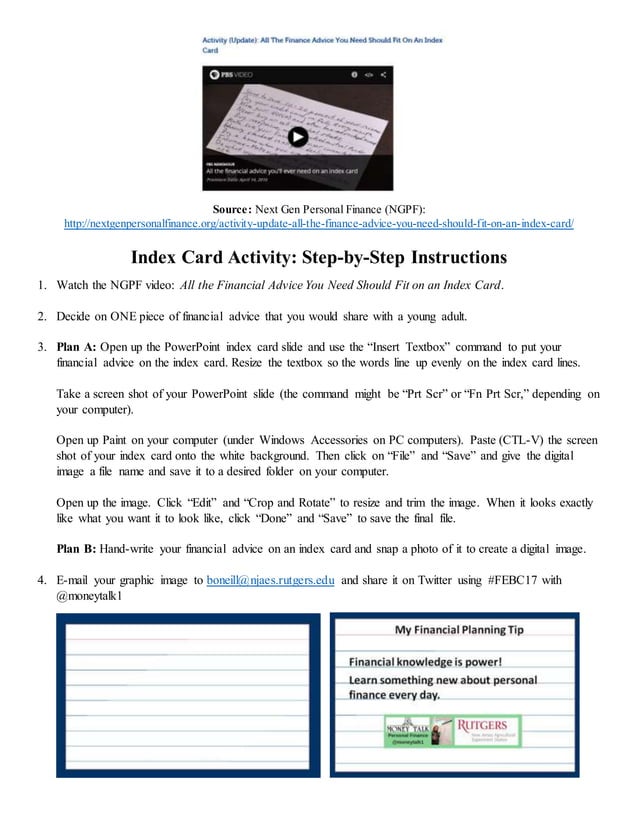 Index Card Activity Handout for Financial Education Boot Camp