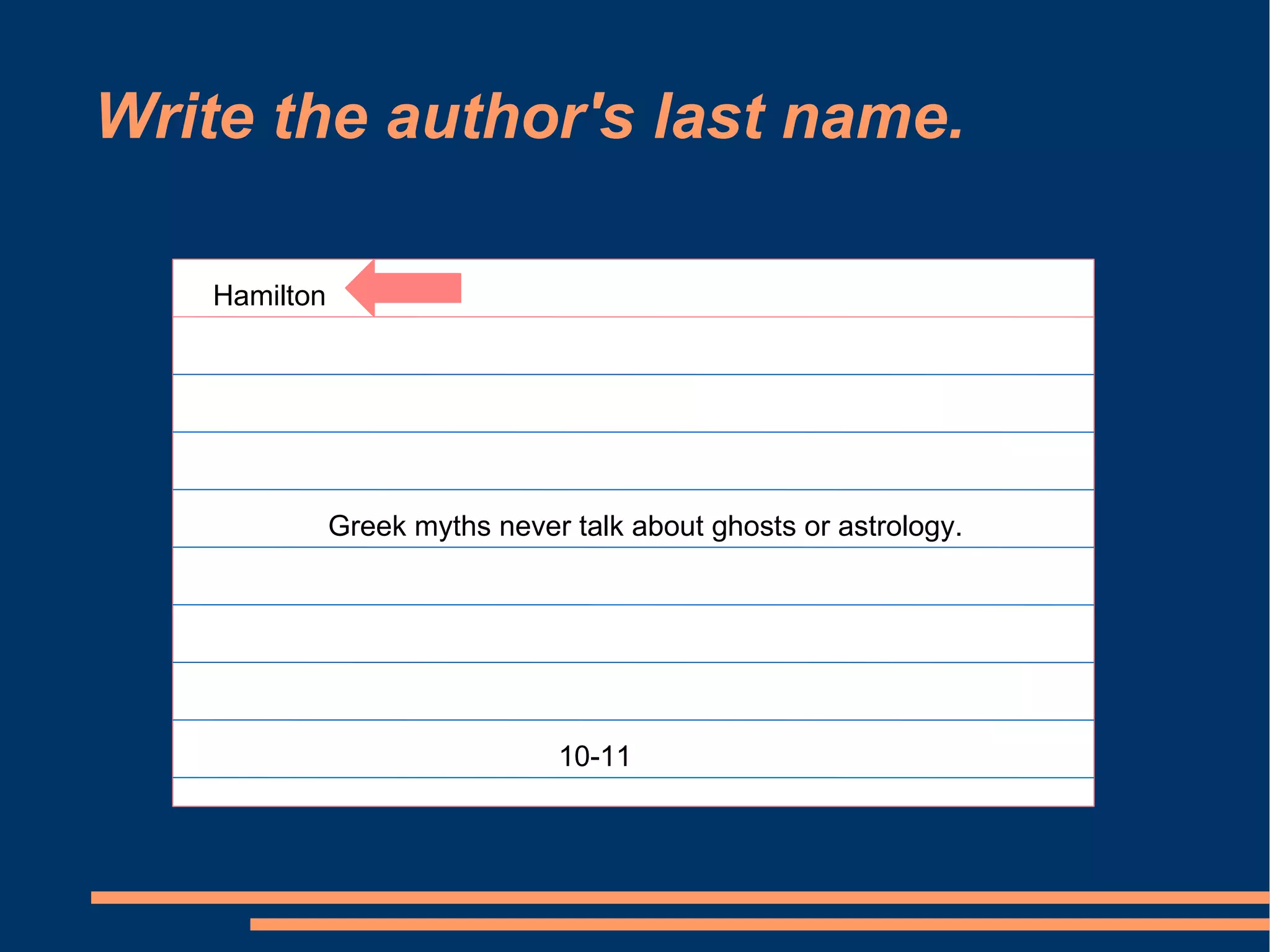 Write the author's last name.

   Hamilton




              Greek myths never talk about ghosts or astrology.




                               10-11
 