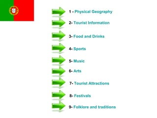 1 -  Physical Geography   2-  Tourist Information 3-  Food and Drinks 4-  Sports 5-  Music 6-  Arts 7-  Tourist Attractions 8-  Festivals 9-  Folklore and traditions 