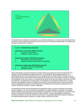 Índice de Inclusión / Desarrollando el aprendizaje y la participación en las escuelas 15
Cuadro 3
Las tres dimensiones
del Índice
Cada dimensión se divide en dos secciones, que centran la atención en un conjunto de actividades en las
que deben comprometerse las escuelas, como una vía para ir mejorando el aprendizaje y la participación
de todo el alumnado (ver cuadro 4).
Cuadro 4. Dimensiones y secciones
Dimensión A: Crear CULTURAS inclusivas
1. Construir una comunidad
2. Establecer valores inclusivos
Dimensión B: Elaborar POLÍTICAS inclusivas
1. Desarrollar una escuela para todos
2. Organizar el apoyo para atender a la diversidad
Dimensión C: Desarrollar PRÁCTICAS inclusivas
1. Orquestar el proceso de aprendizaje
2. Movilizar recursos
Estas dimensiones y secciones también se pueden utilizar para estructurar el plan de desarrollo de la
escuela y servir de epígrafes principales del mismo. Si el significado del encabezamiento de una
determinada sección no se comprende de forma inmediata, éste se puede clarificar volviendo a leer la
breve descripción que se ha hecho anteriormente de las dimensiones. Cada sección contiene un conjunto
de indicadores, doce como máximo, y el significado de cada uno de ellos se clarifica a través de una serie
de preguntas. Las dimensiones, las secciones, los indicadores y las preguntas proporcionan un mapa
cada vez más detallado que guía el análisis de la situación de la escuela en ese momento y determina
futuras posibilidades de acción. (Las dimensiones, los indicadores las preguntas se presentan en una
versión completa en la Parte 3 de estos materiales).
Es importante recordar que las dimensiones se superponen entre sí, ya que los avances en la cultura
escolar requieren, a su vez, la formulación de políticas y la implementación de prácticas. No obstante,
hemos intentado evitar la duplicación de indicadores y preguntas y, por tanto, cada tema se localiza en la
sección donde presumiblemente puede tener mayor impacto. A la hora de establecer prioridades y
promover cambios en su escuela se darán cuenta como una prioridad específica de cambio, asociada a
una determinada dimensión, requerirá, sin lugar a dudas, cambio en las otras.
 