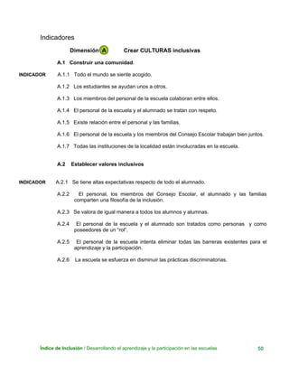 Indicadores
Dimensión A Crear CULTURAS inclusivas
A.1 Construir una comunidad.
INDICADOR A.1.1 Todo el mundo se siente acogido.
A.1.2 Los estudiantes se ayudan unos a otros.
A.1.3 Los miembros del personal de la escuela colaboran entre ellos.
A.1.4 El personal de la escuela y el alumnado se tratan con respeto.
A.1.5 Existe relación entre el personal y las familias.
A.1.6 El personal de la escuela y los miembros del Consejo Escolar trabajan bien juntos.
A.1.7 Todas las instituciones de la localidad están involucradas en la escuela.
A.2 Establecer valores inclusivos
INDICADOR A.2.1 Se tiene altas expectativas respecto de todo el alumnado.
A.2.2 El personal, los miembros del Consejo Escolar, el alumnado y las familias
comparten una filosofía de la inclusión.
A.2.3 Se valora de igual manera a todos los alumnos y alumnas.
A.2.4 El personal de la escuela y el alumnado son tratados como personas y como
poseedores de un “rol”.
A.2.5 El personal de la escuela intenta eliminar todas las barreras existentes para el
aprendizaje y la participación.
A.2.6 La escuela se esfuerza en disminuir las prácticas discriminatorias.
Índice de Inclusión / Desarrollando el aprendizaje y la participación en las escuelas 50
 
