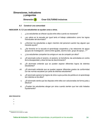 Dimensiones, indicadores
y preguntas
Dimensión A Crear CULTURAS inclusivas
____________________________________________________________
A.1 Construir una comunidad
INDICADOR A.1.2 Los estudiantes se ayudan unos a otros.
i. ¿Los estudiantes se ofrecen ayuda entre ellos cuando es necesaria?
ii. ¿se valora en la escuela por igual tanto el trabajo colaborativo como los logros
individuales del alumnado?
iii. ¿Informan los estudiantes a algún miembro del personal cuando hay alguien que
necesita ayuda?
iv. ¿Se fomenta en la escuela el aprendizaje cooperativo y las relaciones de apoyo
(grupos de investigación, tutoría entre iguales, alumno tutor, grupo de apoyo...?14
v. ¿Los estudiantes comparten los amigos en ves de competir por ellos?
vi. ¿El alumnado evita el racismo, el sexismo, la homofonía, las actividades en contra
de la discapacidad y otras formas de discriminación?
vii. ¿El alumnado entiende que se pueden esperar diferentes logros de distintos
estudiantes?
viii. ¿El alumnado entiende que se pueden esperar diferentes grados de conformidad
con las normas escolares por parte de distintos estudiantes?
ix. ¿El alumnado aprecia los logros de otros cuyos puntos de partida en el aprendizaje
son distintos al de ellos?
x. ¿El alumnado siente que las disputas entre ellos son solucionadas de forma justa y
efectiva?
xi. ¿Pueden los estudiantes abogar por otros cuando sienten que han sido tratados
injustamente?
MÁS PREGUNTAS
•
•
•
___________________
14
Adaptación de la versión en inglés.
Índice de Inclusión / Desarrollando el aprendizaje y la participación en las escuelas 54
 