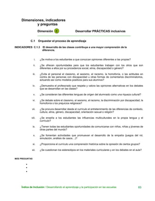 Dimensiones, indicadores
y preguntas
Dimensión C Desarrollar PRÁCTICAS inclusivas
____________________________________________________________
C.1 Orquestar el proceso de aprendizaje
INDICADORES C.1.3 El desarrollo de las clases contribuye a una mayor comprensión de la
diferencia.
i. ¿Se motiva a los estudiantes a que conozcan opiniones diferentes a las propias?
ii. ¿Se ofrecen oportunidades para que los estudiantes trabajen con los otros que son
diferentes a ellos por su procedencia social, etnia, discapacidad o género?
iii. ¿Evita el personal el clasismo, el sexismo, el racismo, la homofonía, o las actitudes en
contra de las personas con discapacidad u otras formas de comentarios discriminatorios,
actuando así como modelos positivos para sus alumnos?
iv. ¿Demuestra el profesorado que respeta y valora las opiniones alternativas en los debates
que se desarrollan en las clases?
v. ¿Se consideran las diferentes lenguas de origen del alumnado como una riqueza cultural?
vi. ¿Se debate sobre el clasismo, el sexismo, el racismo, la discriminación por discapacidad, la
homofonía o los prejuicios religiosos?
vii. ¿Se procura desarrollar desde el currículo el entretenimiento de las diferencias de contexto,
cultura, etnia, género, discapacidad, orientación sexual o religión?
viii. ¿Se enseña a los estudiantes las influencias multiculturales en la propia lengua y el
currículo?
ix. ¿Tienen todas las estudiantes oportunidades de comunicarse con niños, niñas y jóvenes de
otras partes del mundo?
x. ¿Se fomentan actividades que promuevan el desarrollo de la empatía (juegos del rol,
simulación, análisis de casos…)?
xi. ¿Proporciona el currículo una comprensión histórica sobre la opresión de ciertos grupos?
xii. ¿Se cuestionan los estereotipos en los materiales curriculares y en los debates en el aula?
MÁS PREGUNTAS
•
•
•
Índice de Inclusión / Desarrollando el aprendizaje y la participación en las escuelas 83
 