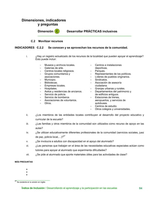 Dimensiones, indicadores
y preguntas
Dimensión C Desarrollar PRÁCTICAS inclusivas
____________________________________________________________
C.2 Movilizar recursos
INDICADORES C.2.2 Se conocen y se aprovechan los recursos de la comunidad.
i. ¿Hay un registro actualizado de los recursos de la localidad que pueden apoyar el aprendizaje?
Esto puede incluir:
- Museos y archivos locales.
- Galerías de arte.
- Centros locales religiosos.
- Grupos comunitarios y
asociaciones.
- Municipio.
- Bibliotecas.
- Empresas locales.
- Hospitales.
- Asilos y residencias de ancianos.
- Servicio de policía.
- Servicio de bomberos
- Asociaciones de voluntarios.
- Otros.
- Centros e instalaciones
deportivas.
- Parques.
- Representantes de los políticos.
- Líderes de pueblos originarios.
- Sindicatos.
- Asociación de asesoría
ciudadana.
- Granjas urbanas y rurales.
- Departamentos del patrimonio y
de edificios antiguos.
- Estaciones de trenes,
aeropuertos, y servicios de
autobuses.
- Centros de estudio.
- Otros colegios y universidades.
ii. ¿Los miembros de las entidades locales contribuyen al desarrollo del proyecto educativo y
curricular de la escuela?
iii. ¿Las familias y otros miembros de la comunidad son utilizados como recurso de apoyo en las
aulas?
iv. ¿Se utilizan educativamente diferentes profesionales de la comunidad (servicios sociales, juez
de paz, policía local,…)?47
v. ¿Se involucra a adultos con discapacidad en el apoyo del alumnado?
vi. ¿Las personas que trabajan en el área de las necesidades educativas especiales actúan como
tutores para apoyar al alumnado que experimenta dificultades?
vii. ¿Se pide al alumnado que aporte materiales útiles para las actividades de clase?
MÁS PREGUNTAS
•
•
•
_______________________________
47
No existente en la versión en inglés.
Índice de Inclusión / Desarrollando el aprendizaje y la participación en las escuelas 94
 