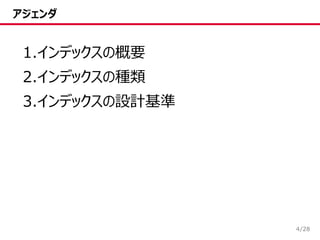 /28
アジェンダ
4
1.インデックスの概要
2.インデックスの種類
3.インデックスの設計基準
 