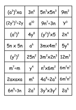 (a3
)3
xa 3n6
5n3
x5n3
9m2
(2y3
)3
÷2y a10
9n7
÷3n Y3
(a2
)3
4y8
(y2
)2
x5 2n4
5n x 5n a6
3mx4m2
5y4
(y2
)2
25n2
3m2
x2n3
12m3
m7
÷m y4
n2
x6m2
6m2
n3
2axaxa m6
4a8
÷2a3
6m2
n2
6n5
÷3n 2a3
3y3
x3y2
2a5
 