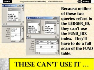 Using Indexed Fields Effectively in Access Queries
THESE CAN’t USE IT …
Because neither
of these two
queries refers to
the LEDGER_ID,
they can’t use
the FUND_IDX
index. They’ll
have to do a full
scan of the FUND
table.
Kaa-Kri Kri-Lap
 