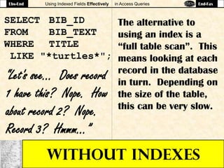 Using Indexed Fields Effectively in Access Queries
WITHOUT INDEXES
The alternative to
using an index is a
“full table scan”. This
means looking at each
record in the database
in turn. Depending on
the size of the table,
this can be very slow.
SELECT BIB_ID
FROM BIB_TEXT
WHERE TITLE
LIKE "*turtles*";
“Let's see… Does record
1 have this? Nope. How
about record 2? Nope.
Record 3? Hmmm…”
Ebs-End End-Fax
 