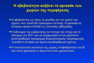 Η αβεβαιότητα αυξάνει τα  spreads  των χωρών της περιφέρειας Η αβεβαιότητα ως προς το μέγεθος και τον χρόνο των ζημιών που τελικά θα προκύψουν εκτίναξε τα  spreads  σε ιστορικά υψηλό επίπεδο τις τελευταίες εβδομάδες. Η αδυναμία της κυβέρνησης να πετύχει τον στόχο για το έλλειμμα του 2011 και να συμφωνήσει σ΄ένα αξιόπιστο μεσοπρόθεσμο πρόγραμμα δημοσιονομικής προσαρμογής πυροδοτεί σενάρια για άμεση αναδιάρθρωση χρέους. Η πιστοληπτική ικανότητα της χώρας υποβαθμίστηκε στο Β, εκεί όπου βρισκόταν η Αργεντινή όταν χρεοκόπησε. 