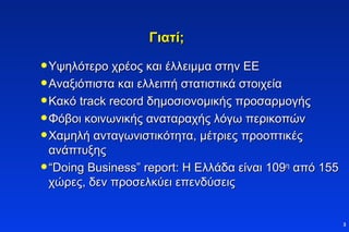 Γιατί;   Υψηλότερο χρέος και έλλειμμα στην ΕΕ Αναξιόπιστα και ελλειπή στατιστικά στοιχεία Κακό  track record  δημοσιονομικής προσαρμογής Φόβοι κοινωνικής αναταραχής λόγω περικοπών   Χαμηλή ανταγωνιστικότητα, μέτριες προοπτικές ανάπτυξης “ Doing Business” report:  Η Ελλάδα είναι  109 η  από  155  χώρες, δεν προσελκύει επενδύσεις 