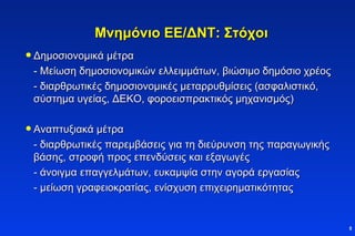 Μνημόνιο ΕΕ/ΔΝΤ: Στόχοι Δημοσιονομικά μέτρα - Μείωση δημοσιονομικών ελλειμμάτων, βιώσιμο δημόσιο χρέος -  διαρθρωτικές δημοσιονομικές μεταρρυθμίσεις (ασφαλιστικό, σύστημα υγείας, ΔΕΚΟ, φοροεισπρακτικός μηχανισμός)   Αναπτυξιακά μέτρα - διαρθρωτικές παρεμβάσεις για τη διεύρυνση της παραγωγικής βάσης, στροφή προς επενδύσεις και εξαγωγές -  άνοιγμα επαγγελμάτων, ευκαμψία στην αγορά εργασίας  - μείωση γραφειοκρατίας, ενίσχυση επιχειρηματικότητας 