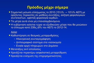 Πρόοδος μέχρι σήμερα Σημαντική μείωση ελλείμματος το 2010 (15 ½ % -> 10 ½ % ΑΕΠ) με οριζόντιες περικοπές σε μισθούς-συντάξεις, αύξηση φορολογικών συντελεστών, εφάπαξ φορολογία κερδών. Τα μέτρα αυτά είναι μη επαναλαμβανόμενα. Η κυβέρνηση καλείται τώρα να εξειδικεύσει μέτρα που θα μειώσουν το έλλειμμα κατά 23δις (8% του ΑΕΠ) το 2012-14. Αλλά : Καθυστέρηση σε θεσμικές μεταρρυθμίσεις Ηλεκτρονική συνταγογράφηση Διπλογραφικό σύστημα στα νοσοκομεία Ενιαία αρχή πληρωμών στο Δημόσιο Μετατάξεις αντί απολύσεις Χρειάζεται περαιτέρω ασφαλιστική μεταρρύθμιση Χρειάζεται ενίσχυση της επιχειρηματικότητας 